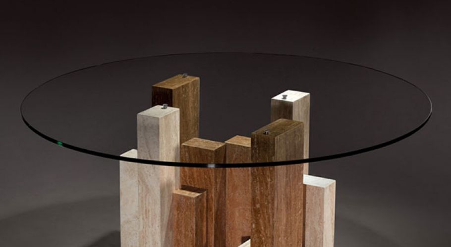 architectural base in solid wood with glass top table